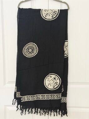Lightweight Oversized Fringe Scarf Bathing Suit Cover Black & White Tribal Print